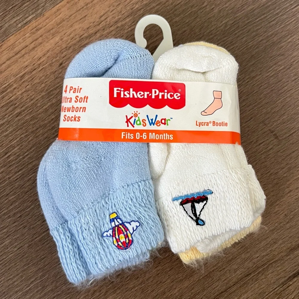 Vintage 90s Fisher-Price NWT 4-Pack Newborn Infant Sock Blue Yellow White 0-6m